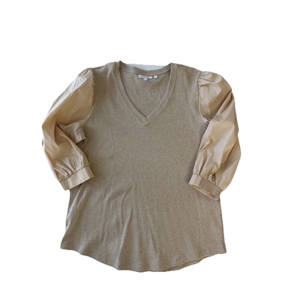 Chico's Women's L Top 3/4 Puff Sleeve V Neck Ribbed Knit Beige Blouse